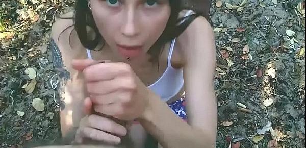  18 year old teen does a outdoor POV blowjob. Cum on face